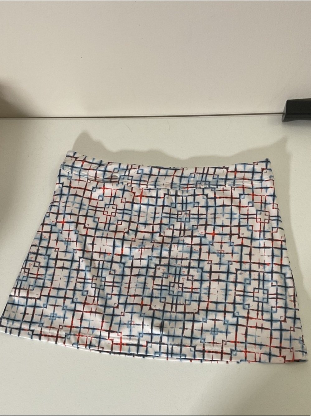 PGA Tour White Mini Skort with Blue and Red Geometric Grid
